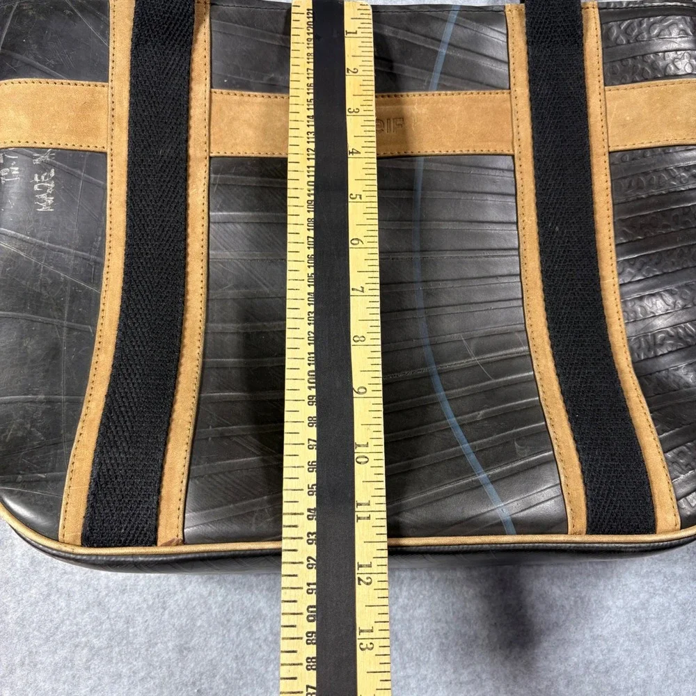 Schreif Recycled Tire Inner Tube Suede Tote Bag Black Tan Plaid Lining Eco Bag
